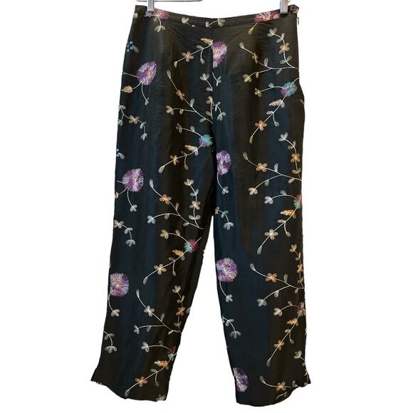 Vtg Anne Carson 100% Pure Silk Floral Embroidered High Waist Pants Size 10 Black - Picture 1 of 9